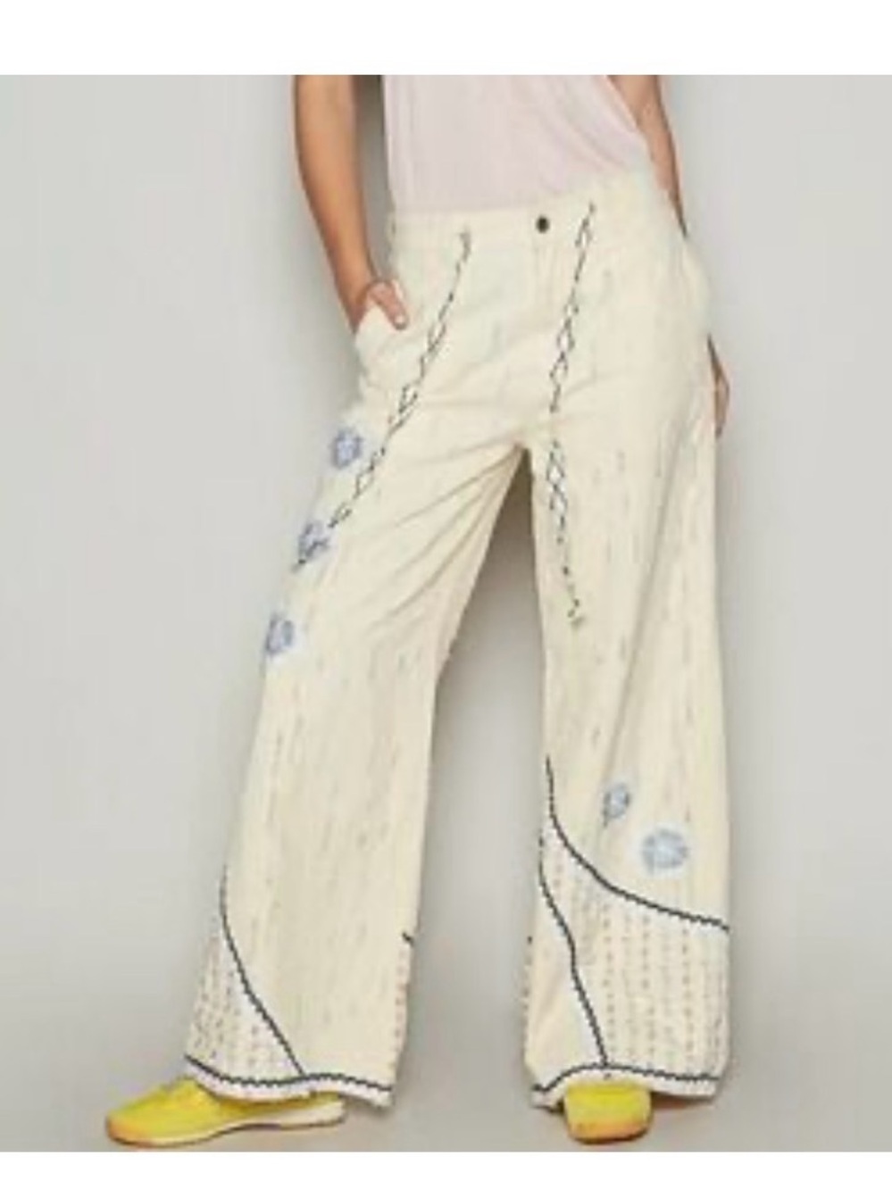 New POL Cream Kids Embroidered Boho jeans with Blue Floral Accents
